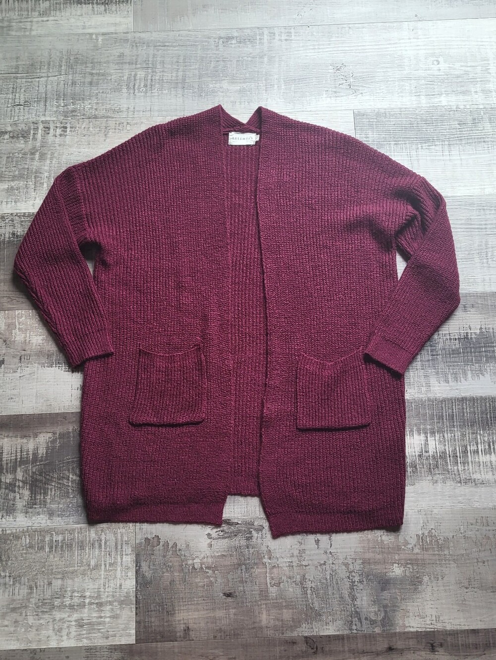 Dreamers Cardigan Size Medium Open Front Ribbed Knit Sweater Pockets Burgundy